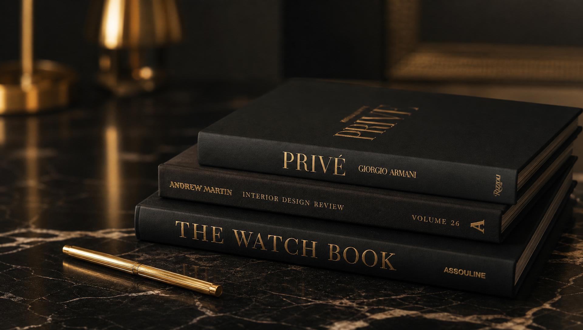 Premium hardcover books stacked on a dark marble surface with golden light